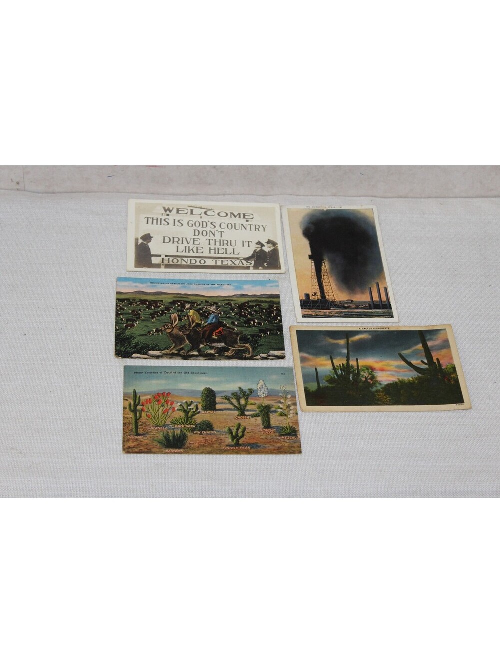 Vintage Texas Linen Postcards Hondo Oil Gusher Jack Rabbits Unused - Set of 5